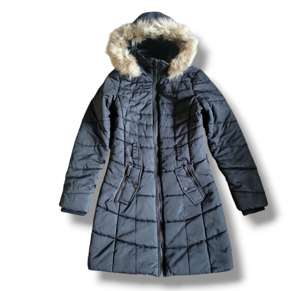 Karl Lagerfeld Faux Fur Quilted Puffer Hooded Coat Snow Winter Coat Small Black